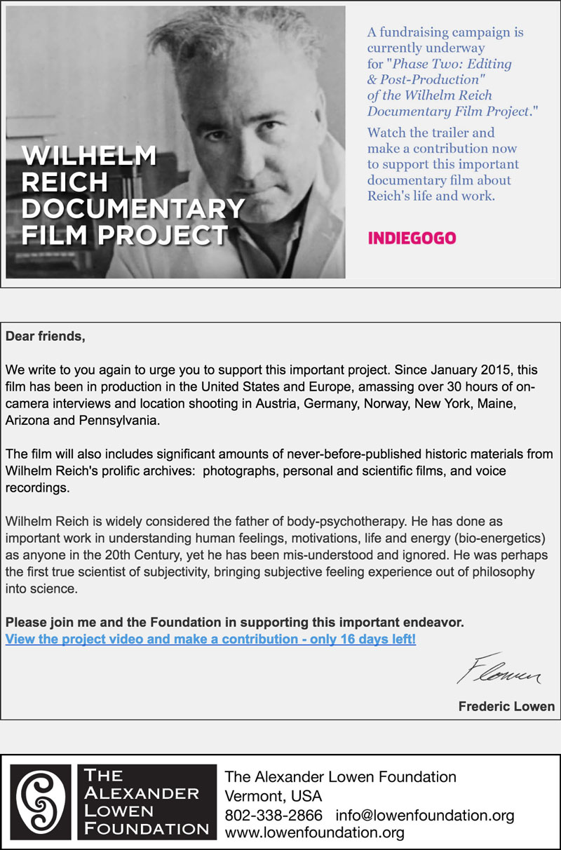 L'invito di Fred Lowen a supportare il documentario su Wilhelm Reich